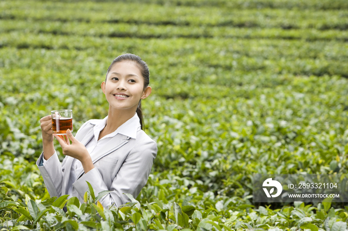 商务女士在茶园喝茶