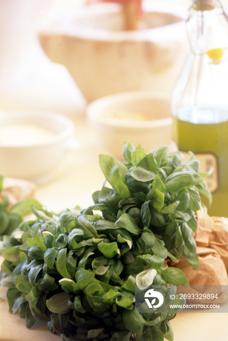 Italy, Liguria. Basil and other pesto ingredients