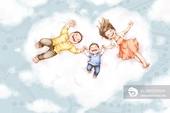 快乐家庭躺在心型云朵上