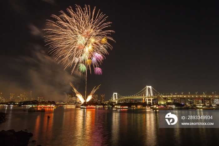 Fireworks over Tokyo bay at night in Japan