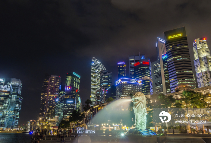 Night View of High-rise Buildings and Merlion,Singapore