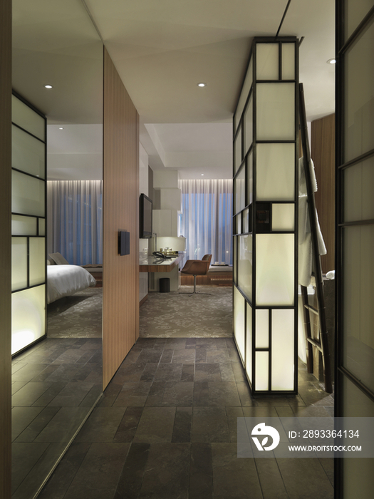 Hallway of modern hotel room