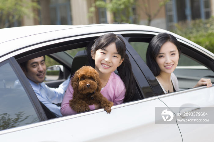 快乐的年轻家庭和宠物狗坐在汽车里