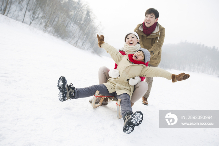 快乐的一家人在雪地上玩雪橇