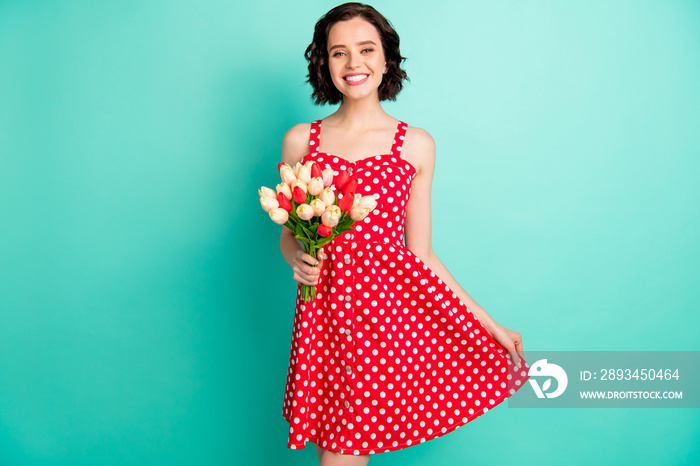 Photo of nice blooming magical woman looking like flowers and spring breathe life into her while iso