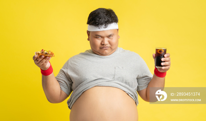 Fat men are happy with eating pizza and soft drinks..Before exercise