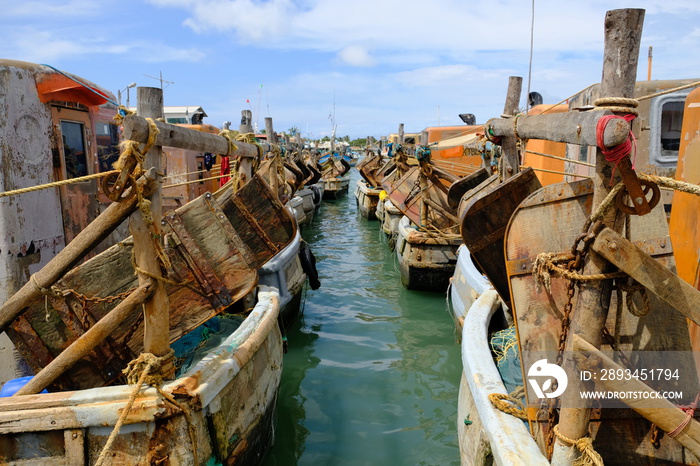 Sri Lanka Kalpitiya fishery harbour fishing vessels, view to ship rudders