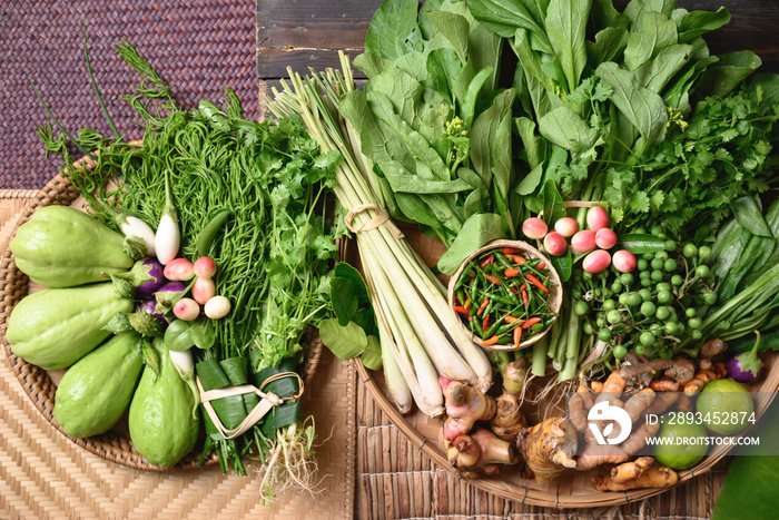 Fresh organic Southeast Asian vegetables and spices from local farmer market, Northern of Thailand, 