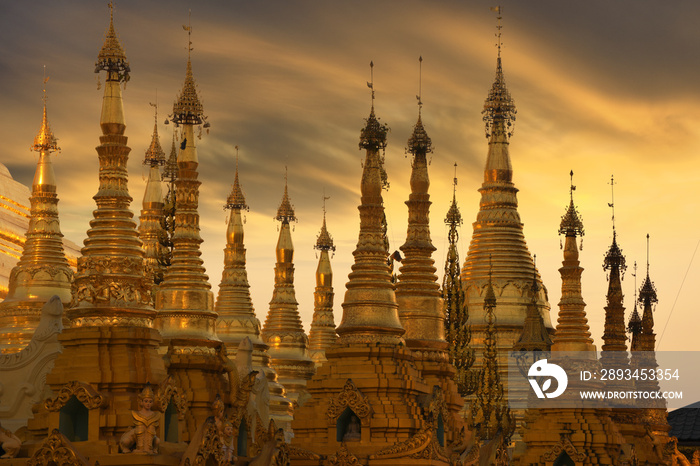 group of golden stupas at the Shwedagon Pagoda in Yangoon, Myanmar (Burma)