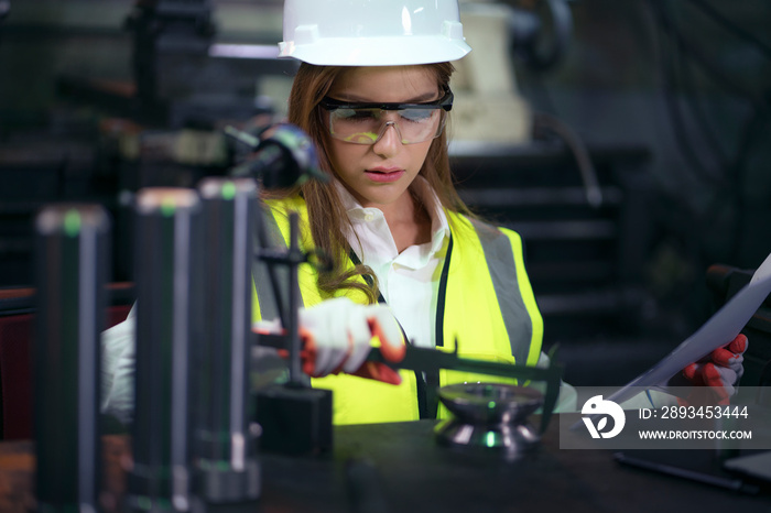 Female factory worker inspecting production line