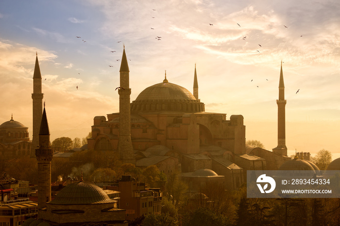 View of Haghia Sophia or Aya Sofya at sunset in Istanbul, Turkey