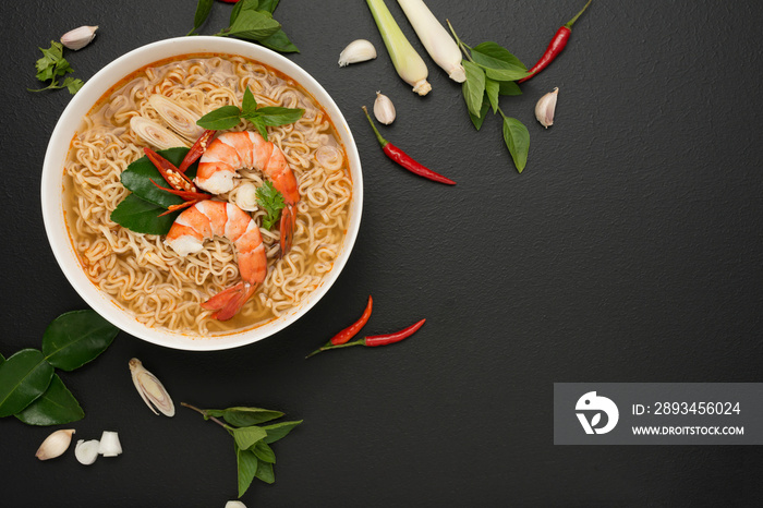 Instant noodles, Tom Yum Kung flavor Spicy, spicy flavor with Thailand spices placed on the table, b