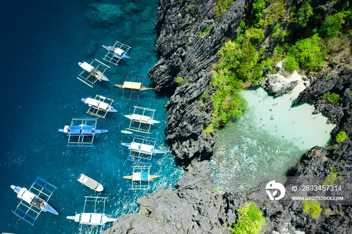 Aerial view of Secret beach in El Nido, Palawan, Philippines