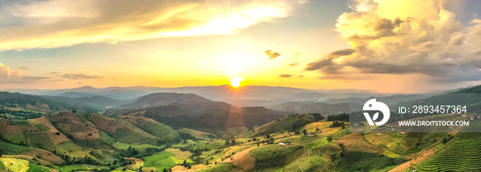 Rice field in mountains during sunset. Beautiful Pa Bong Piang terraced rice fields, Mae Chaem, Chia