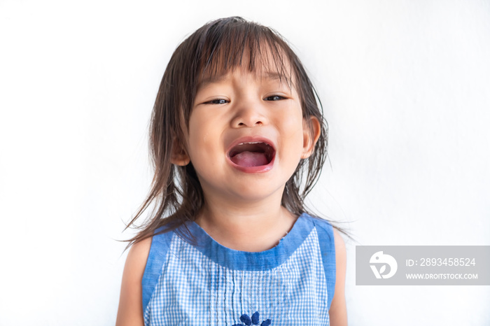 Soft​ focus.​ Portrait​ image​ of​ baby​ 2-3​ years​ old.​ Sad​ Asian​ child​ girl​ crying.​ On​ whi