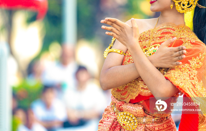 Asian Thai Female dresses the vintage traditional dress and dances with the Thai dance style at the 