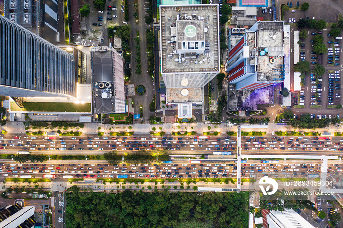 Top down view of a traffic jam in the heart of Jakarta downtown district in Indonesia capital city