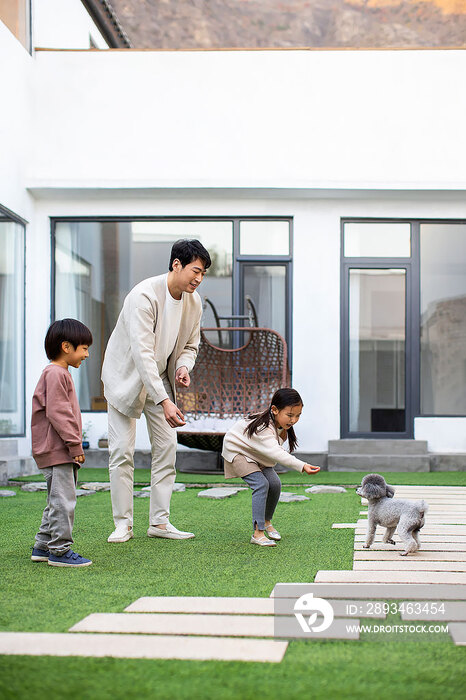 快乐的年轻家庭和宠物狗在庭院里玩耍