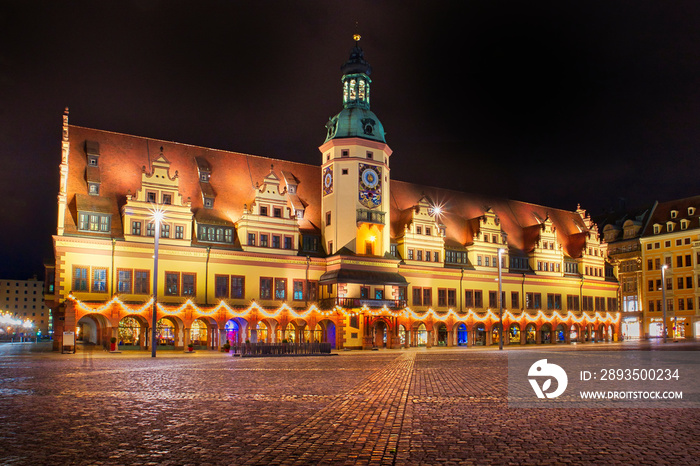 Altes Rathaus Leipzig, Sachsen, Advent, Weihnachten, Nacht, Markt Platz