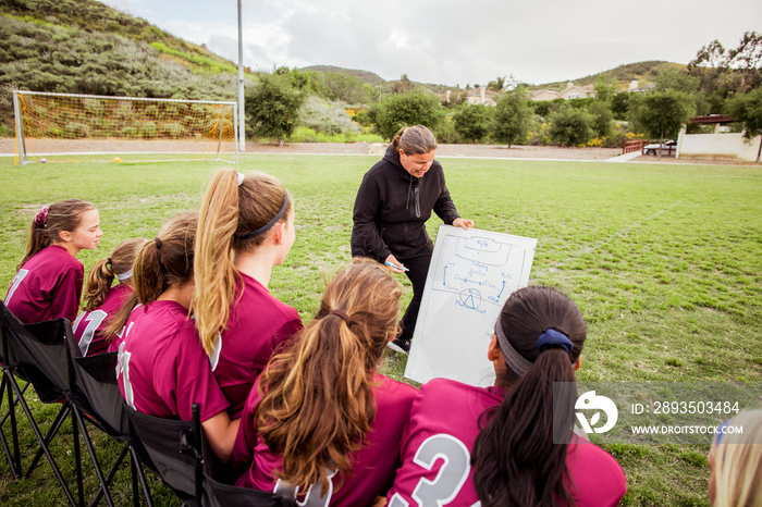 Coach showing strategy on white board to girls sitting at chairs in field during competition