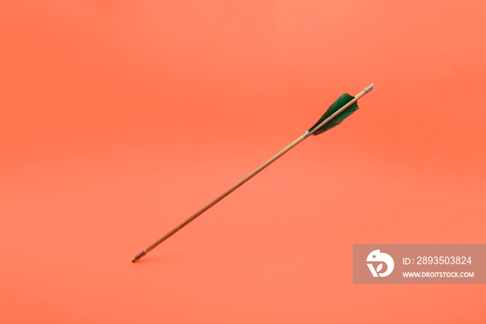 Old green wooden arrow on a beautiful peach background.