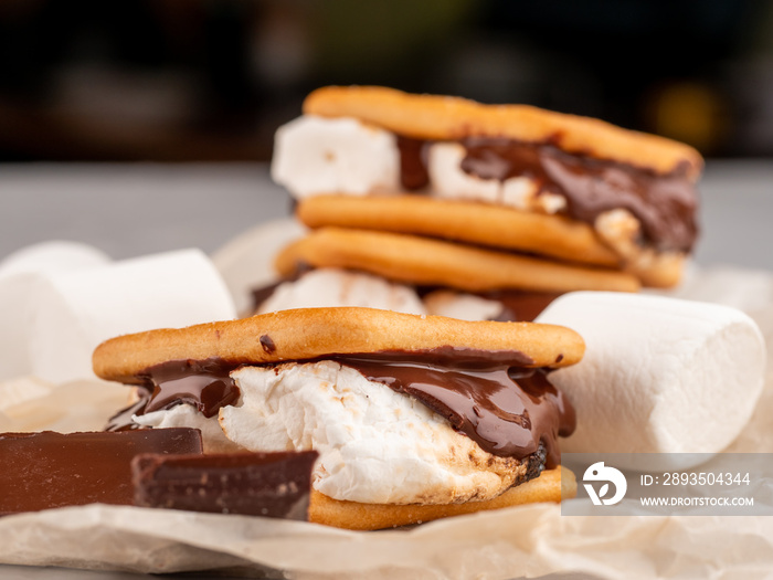 Smore on a gray surface with flowing chocolate.