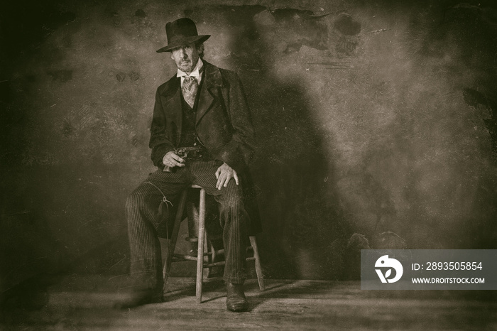 Classic wet plate photo of vintage 1900 western mature man with revolver sitting on wooden stool.