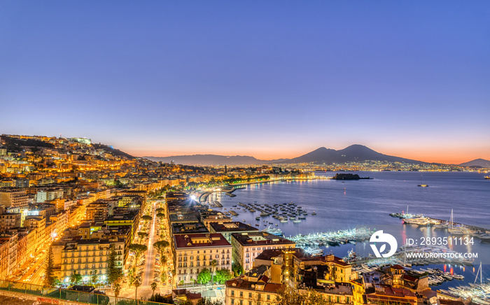 Naples in Italy with Mount Vesuvius before sunrise