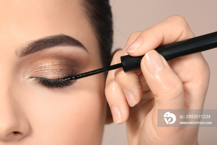 Professional visage artist applying makeup on womans face against light background