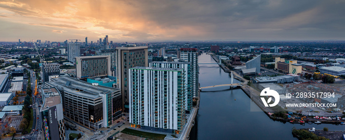 Aerial view of the Media City UK is on the banks of the Manchester Ship Canal in Salford and Traffor