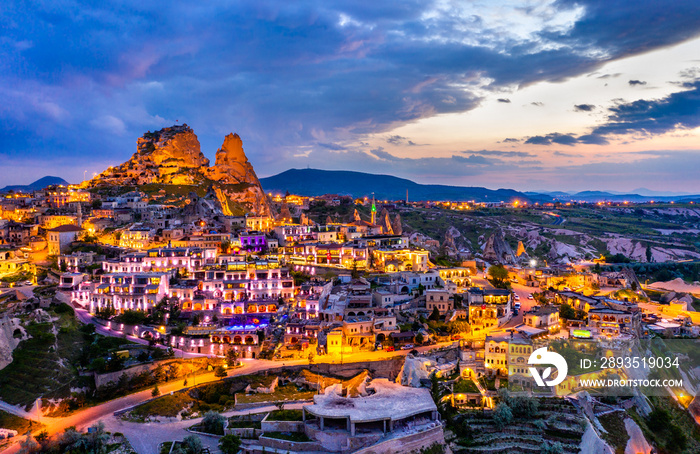 View of Uchisar at sunset. Cappadocia, Turkey