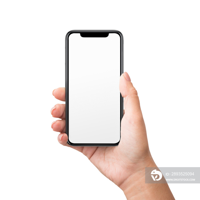 Woman hand holding black smartphone with blank screen