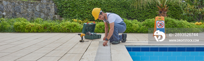 Pool grid and grill repair style with repairman.