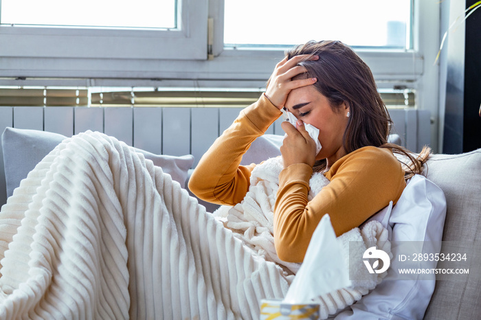 Cold And Flu. Portrait Of Ill Woman Caught Cold, Feeling Sick And Sneezing In Paper Wipe. Closeup Of