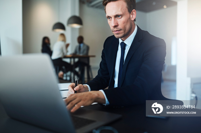 Businessman working on a laptop in his office