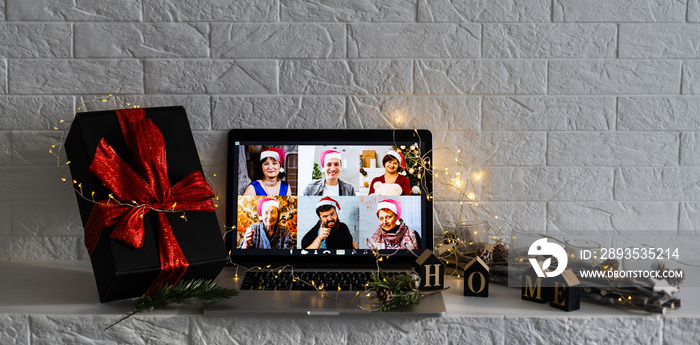 Christmas day Virtual meeting team teleworking. Family video call remote conference. Laptop webcam s