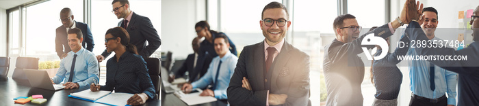 Collage of smiling businesspeople working together in an office