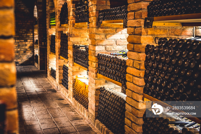 Old wine bottles dusting in an underground tratitional cellar... Small and old wine cellar with full