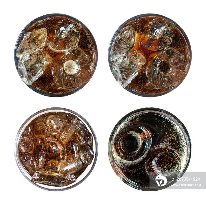 Refreshing bubbly soda pop, set of four top view cold cola glasses isolated on white background with