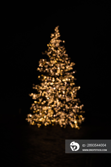 Silhouette of blurry Christmas tree illuminated and decorated with golden fairy lights in dark night