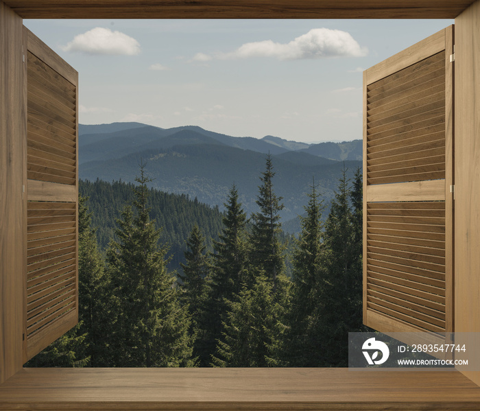 从森林里的房子里可以看到美丽的景色。窗户上可以看到风景如画的山脉。Vaca