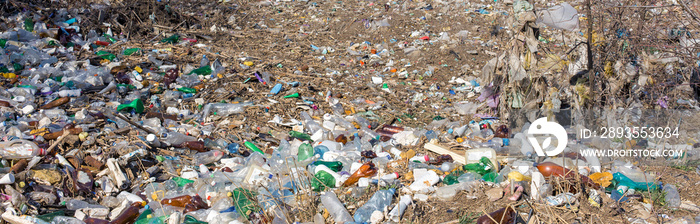 Plastic bags and bottles in a landfill. Unauthorized release of garbage, pollution of nature. The co