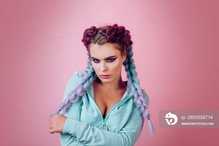 Girl with braided hair style. Hairdresser salon. Fancy look, Braided cutie. Little girl with cute br