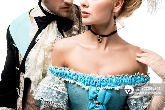 cropped view of pompous victorian man near young woman in blue dress isolated on white