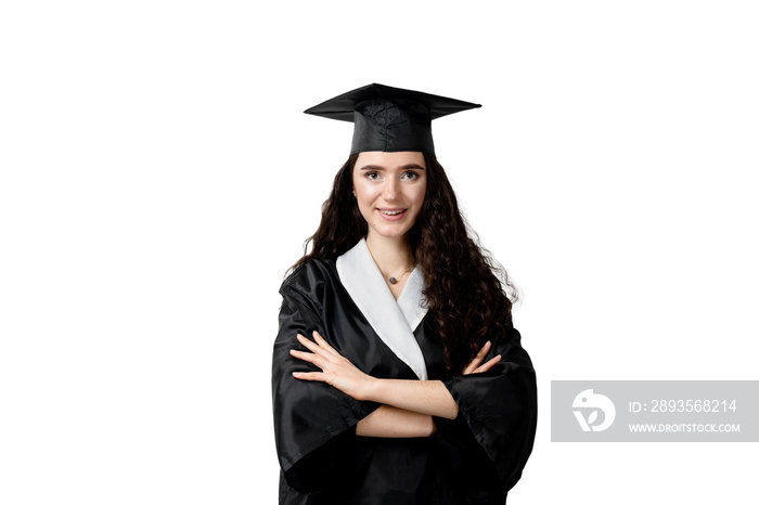 Graduate girl with master degree in black graduation gown and cap on white background. Happy young w