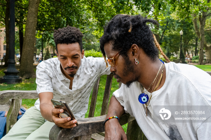 Two men looking at smart phone on bench in park