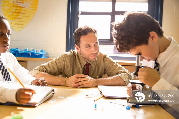 Portrait of male teacher watching schoolboy (10-11) using microscope in classroom