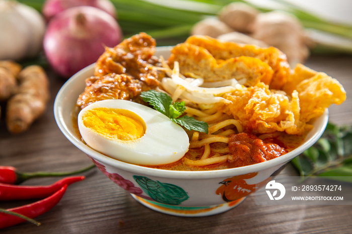 Curry Laksa which is a popular traditional hot and spicy noodle soup from the culture in Malaysia.