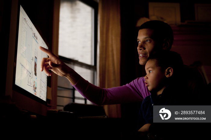 Father and son looking at computer monitor