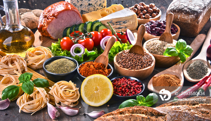 Composition with assorted organic food products on the table